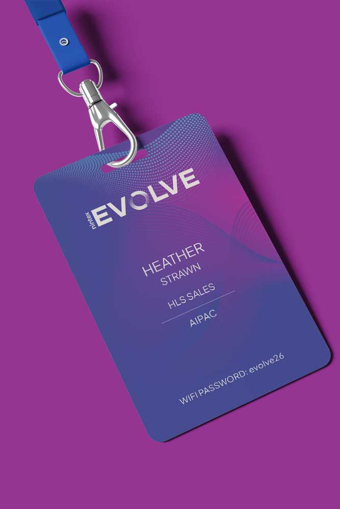 Evolve attendee badge, purple gradient design